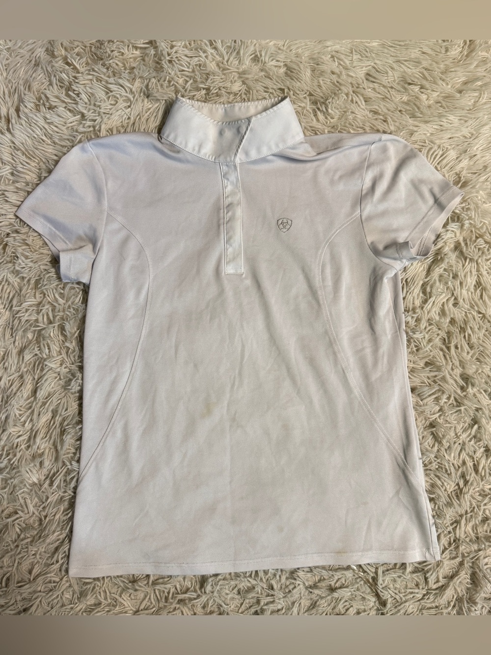 Child’s XL White Ariat Shirt Sleeve Horseback Riding Show Shirt. Light stains.